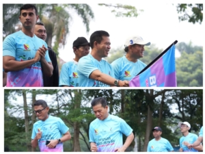 Pelepasan Peserta Bapenda Bedas Run 2026 Di Soreang Dengan Latar Belakang Spanduk Sosialisasi Opsen Pajak Kendaraan Bermotor Bertuliskan Lunas Pajaknya Happy Larinya